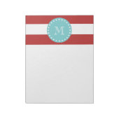 Bloc-note Motif Red White Stripes, Monogramme Turquoise (Tourné)