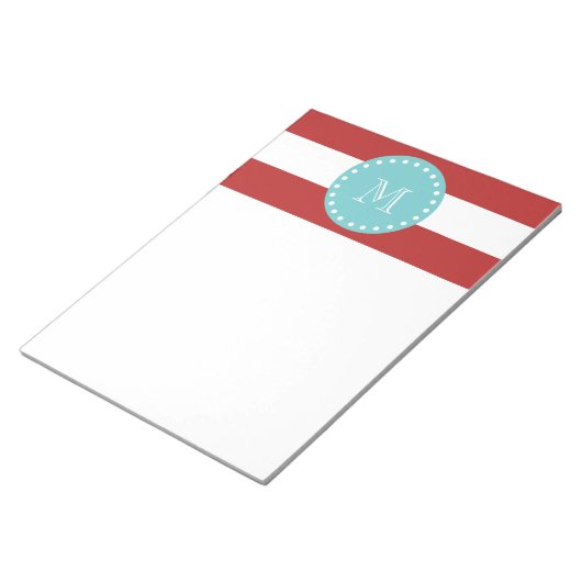 Bloc-note Motif Red White Stripes, Monogramme Turquoise (Incliné)