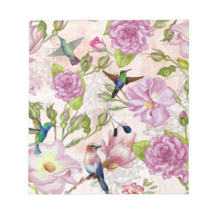 Bloc-note motif Rose vintage Fleurs et colibris