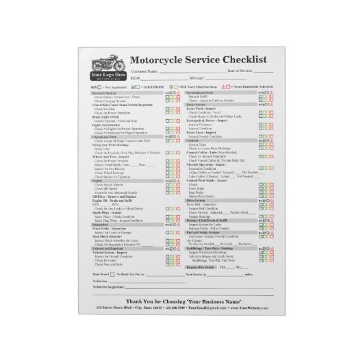Bloc-note Motorcycle Service Checklist 8.5x11 (Tourné)