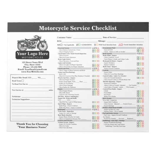Bloc-note Motorcycle Service Checklist 8.5x11 Landscape (Devant)