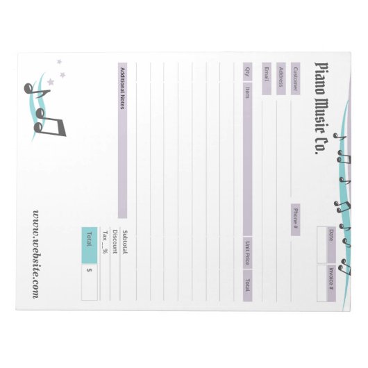 Bloc-note Music Teacher Theme Order Form/Invoice Notepad (Devant)