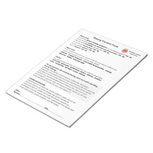 Bloc-note *New* Spa salon waxing consent form notepad (Incliné)