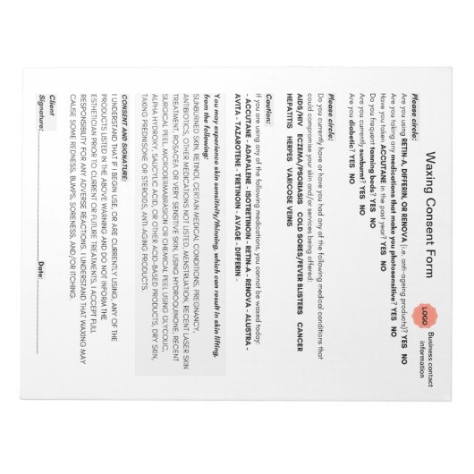 Bloc-note *New* Spa salon waxing consent form notepad (Devant)