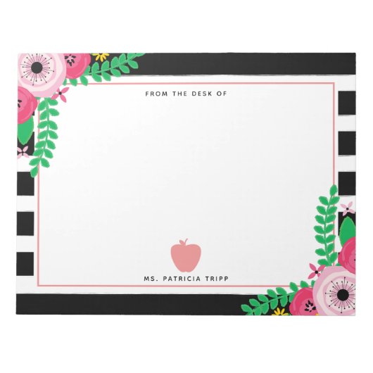 Bloc-note Noir + Blanc Rayures florales Pomme rose Enseignan (Devant)