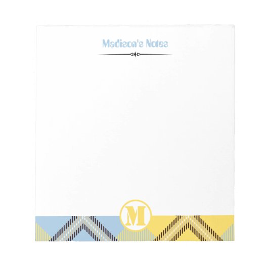 Bloc-note Nom de script de monogramme de tartan bleu jaune m (Devant)