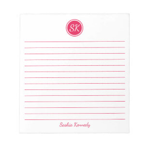 Bloc-note Nom du monogramme à trait rouge cerise tout simple