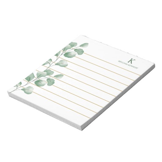 Bloc-note Nom du monogramme Aquarelle Eucalyptus Gold Lined (Tourné)