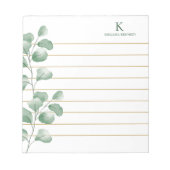 Bloc-note Nom du monogramme Aquarelle Eucalyptus Gold Lined (Devant)