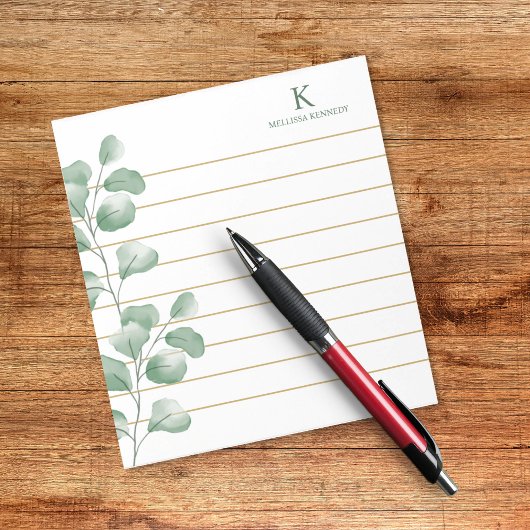 Bloc-note Nom du monogramme Aquarelle Eucalyptus Gold Lined