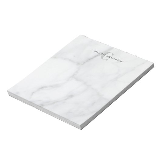 Bloc-note Nom monogramme élégant en marbre gris blanc (Tourné)