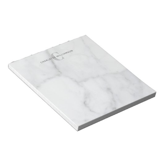 Bloc-note Nom monogrammé élégant sur marbre gris blanc (Incliné)