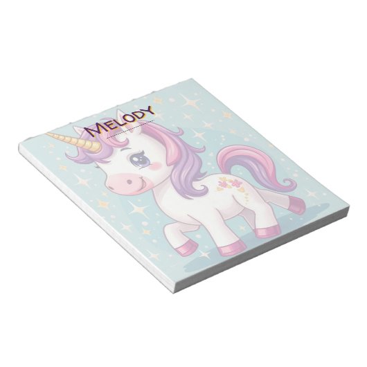 Bloc-note Nom personnalisé Kawaii Sparkle Unicorn (Incliné)