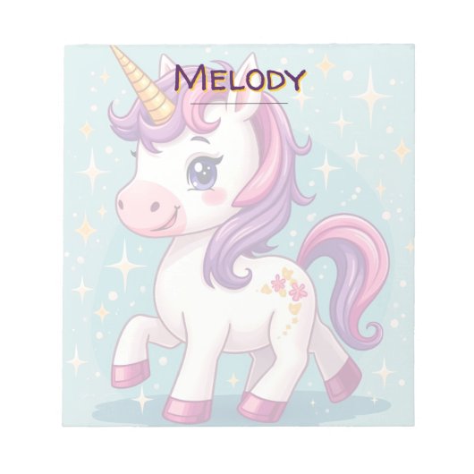Bloc-note Nom personnalisé Kawaii Sparkle Unicorn (Devant)