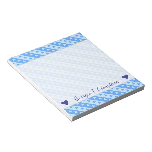 Bloc-note Nom personnalisé + Motif Coeurs et rayures bleus (Incliné)