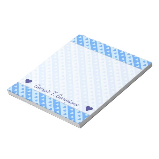 Bloc-note Nom personnalisé + Motif Coeurs et rayures bleus (Tourné)