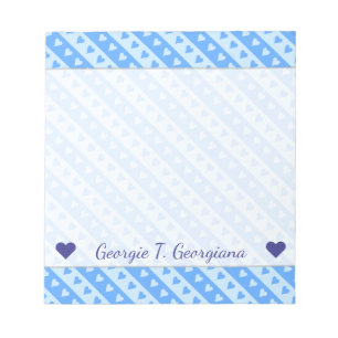 Bloc-note Nom personnalisé + Motif Coeurs et rayures bleus