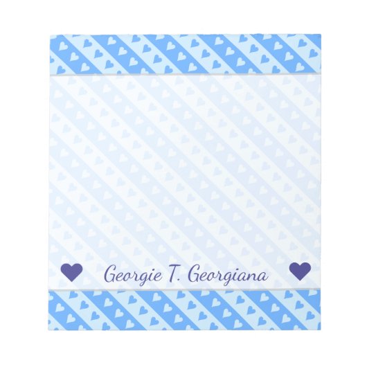 Bloc-note Nom personnalisé + Motif Coeurs et rayures bleus (Devant)