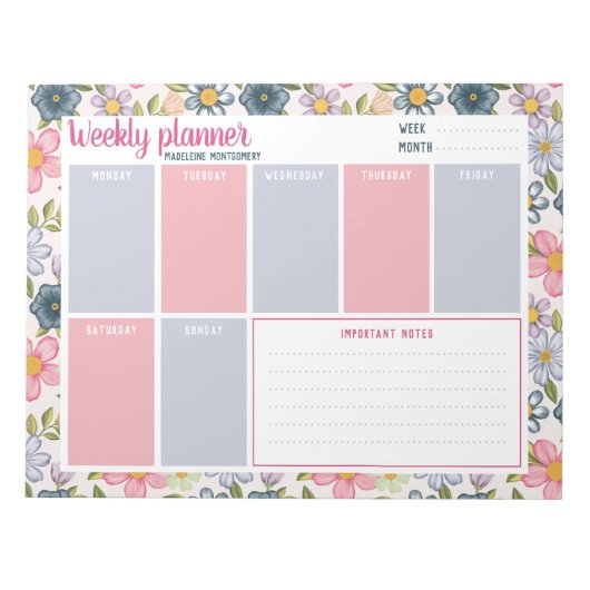 Bloc-note Nom personnalisé Pastel Floral Weekly Planner (Devant)