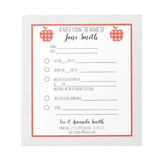 Bloc-note Note de l'école de pomme Red Plaid (Devant)