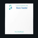Bloc-note Note De L'Enseignant De Musique Personnalisée Musi<br><div class="desc">Note De L'Enseignant Musical Personnalisé Notepad. Un cadeau amusant customisé pour votre professeur de musique préféré. Personnalisez ces notes dans les tons vert et bleu. Une note musicale à l'aquarelle en haut de ce bloc-notes est dans des couleurs bleu turquoise et profond. Un cadeau amusant pour votre professeur de musique...</div>