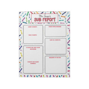Bloc-note Note de rapport de l'enseignant suppléant crayons