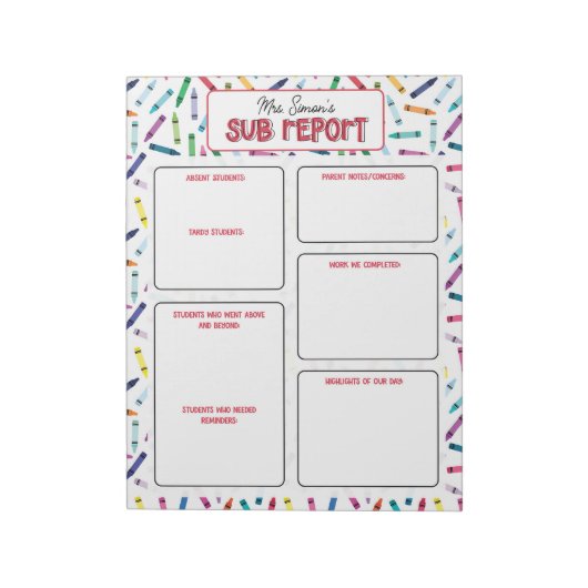 Bloc-note Note de rapport de l'enseignant suppléant crayons  (Tourné)