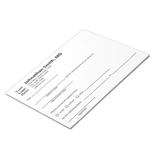 Bloc-note Note d'excuse Médicale du médecin pour le Modèle p (Incliné)