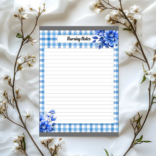 Bloc-note Notes de soins infirmiers à carreaux floraux bleus