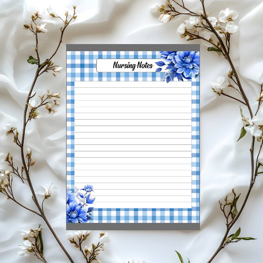 Bloc-note Notes de soins infirmiers à carreaux floraux bleus