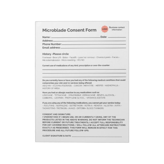 Bloc-note * Nouveau* Salon Spa microbladeconsent formulaire (Tourné)
