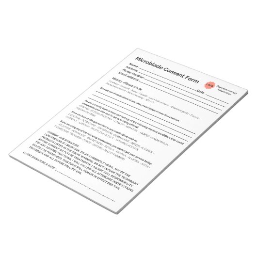 Bloc-note * Nouveau* Salon Spa microbladeconsent formulaire  (Incliné)