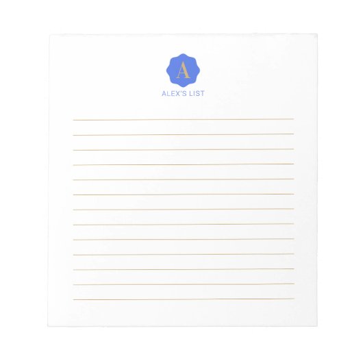 Bloc-note Or & Bleu Simple Monogramme Moderne Personnalisé (Devant)