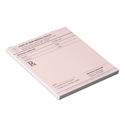 Bloc-note Ordonnance médicale éditable rose pastel (Incliné)