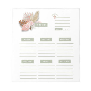 Bloc-note Organiseur hebdomadaire floral bohème vert rose