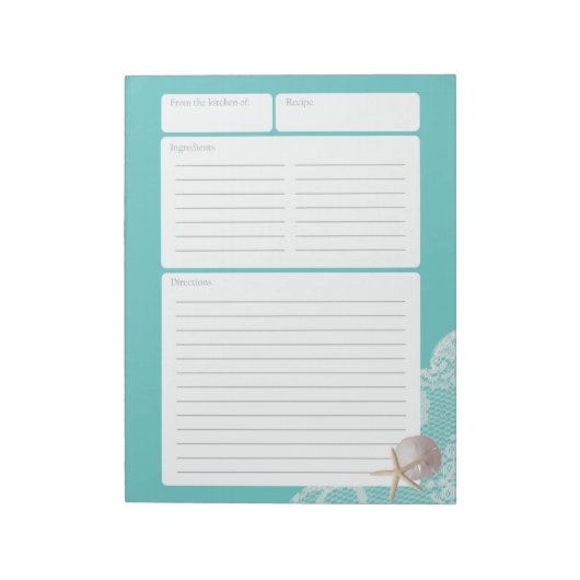 Bloc-note Page de recette Dollar de sable et dentelle Aqua (Tourné)