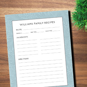 Bloc-note Page Recette Nom de famille   Floral bleu vintage