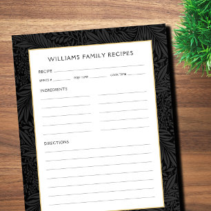 Bloc-note Page Recette Nom de famille   Floral noir vintage