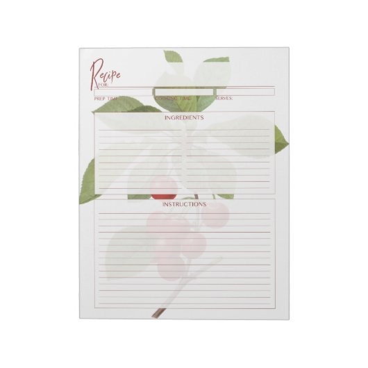 Bloc-note Pages de recette de cerise rouge botanique (Tourné)