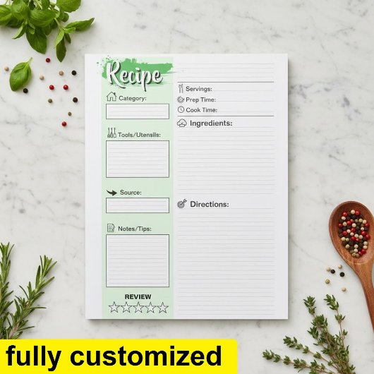 Bloc-note Pages de recettes de base pour chefs personnalisés
