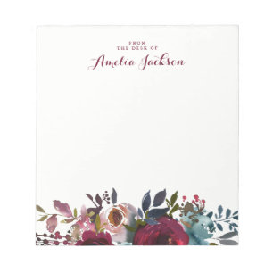 Bloc-note Papeterie personnalisée florale Bourgogne bleue