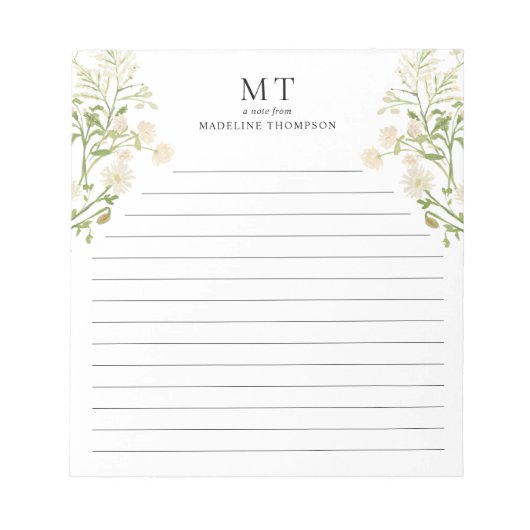 Bloc-note Papier à lettres classique monogramme floral blanc (Devant)