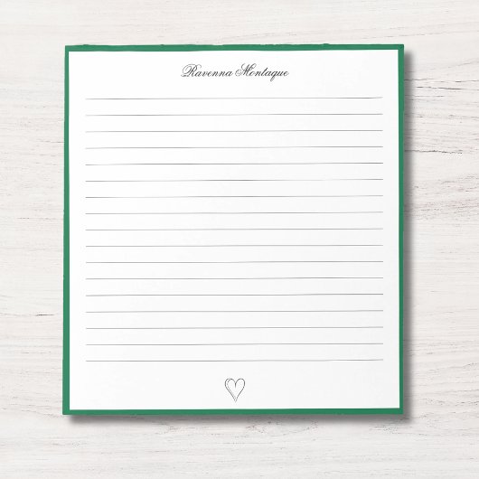 Bloc-note Papier ligné à bordure vert bouteille et cœur pers