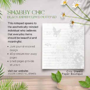 Bloc-note Papier ligné floral papillon noir et blanc Shabby