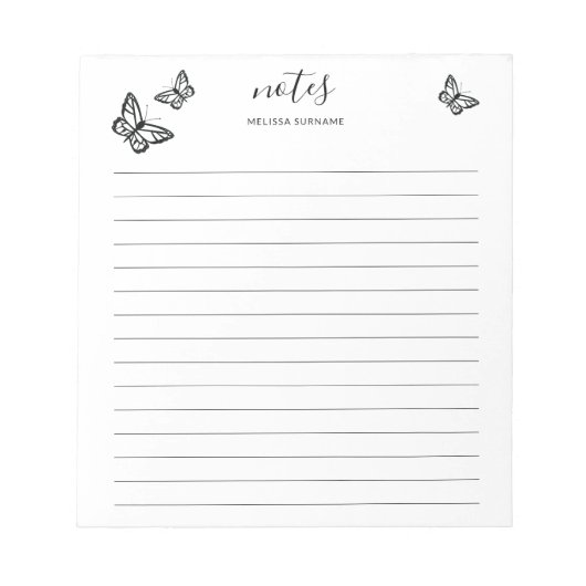 Bloc-note Papillons noirs avec nom personnalisable ligné (Devant)