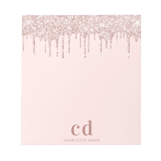 Bloc-note parties scintillant rose or rousse goutte nom mono (Devant)