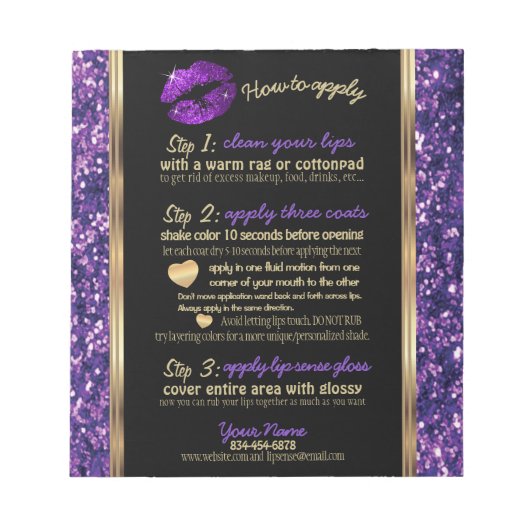 Bloc-note Parties scintillant violet Lip Comment appliquer l (Devant)