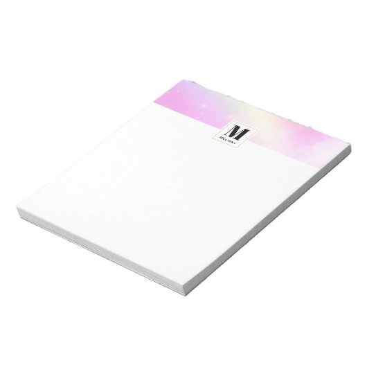 Bloc-note Pastel Ciel rose avec Monogramme arc-en-ciel jaune (Tourné)