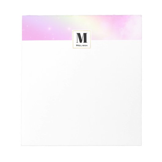 Bloc-note Pastel Ciel rose avec Monogramme arc-en-ciel jaune (Devant)