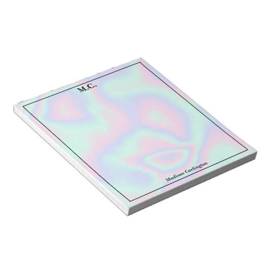 Bloc-note Pastel Holographique Texture Monogramme Initiales (Incliné)